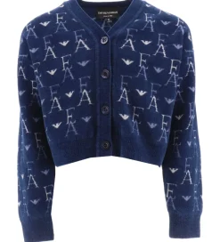 Emporio Armani Cardigan - Cropped - Strik - Blå med Logoer