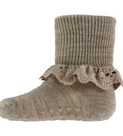 GoBabyGo Skridsikre Strømper - Uld - Lysebrunmeleret m. Blonde