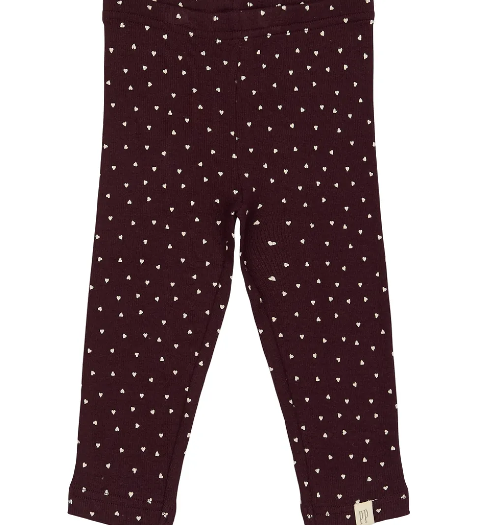 Petit Piao Leggings - Rib - Modal - Dark Grape m. Hjerter